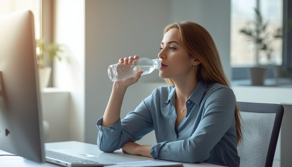 woman drinking water from bottle at officedesk,k staying hydrated to avoid brain fog