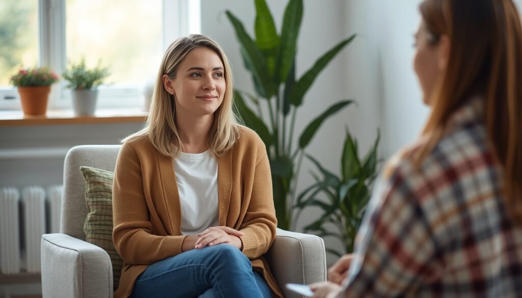 woman in her 30s in therapy with calm therapist learning about trauma bond recovery