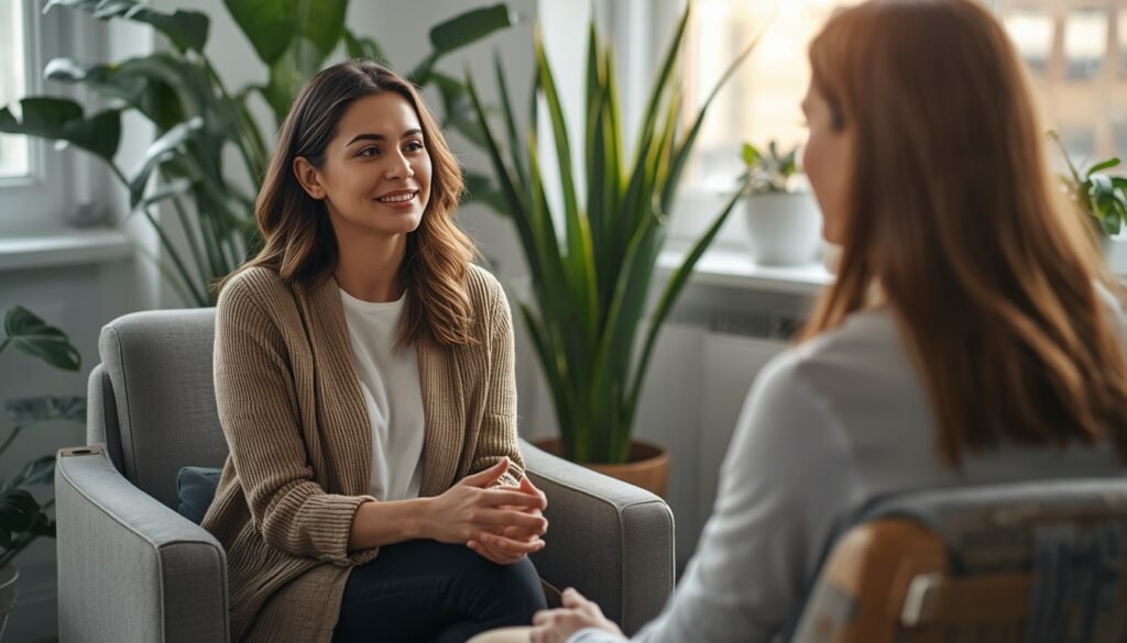 woman in her 30s in therapy room learning to set boundaries and stop people-pleasing behavior