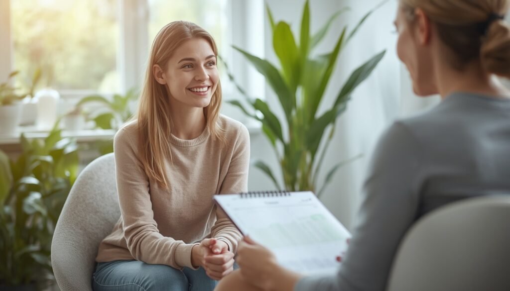 Case Study: Woman in her 30s sitting with female nutritionist looking at cycle-tracking notebook, supportive consultation