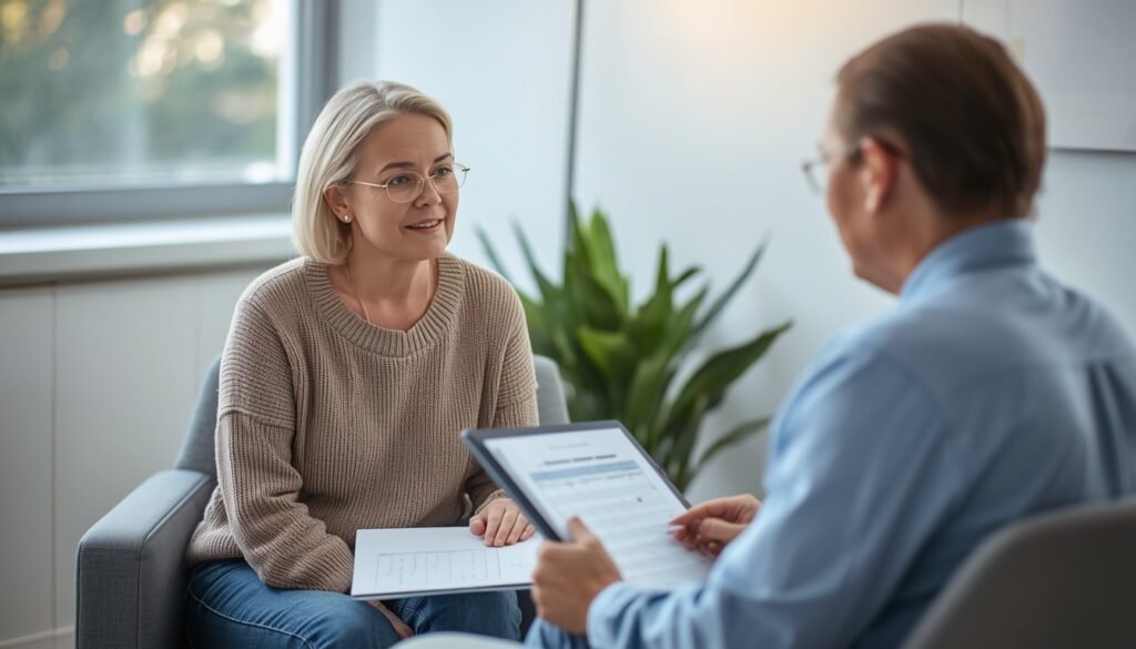 woman in her late 30s with practitioner looking at collagen supplement tracking notebook case study