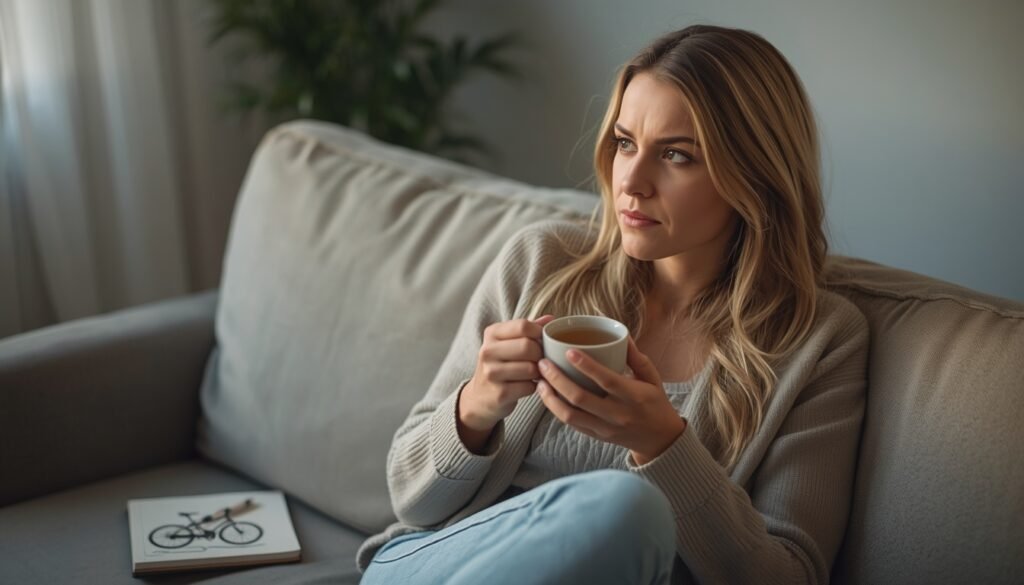 Warning Signs: A woman sitting on a sofa holding tea, looking thoughtful, with a cycle-tracking notebook beside her, doing a quiet self-assessment. intermittent fasting for women