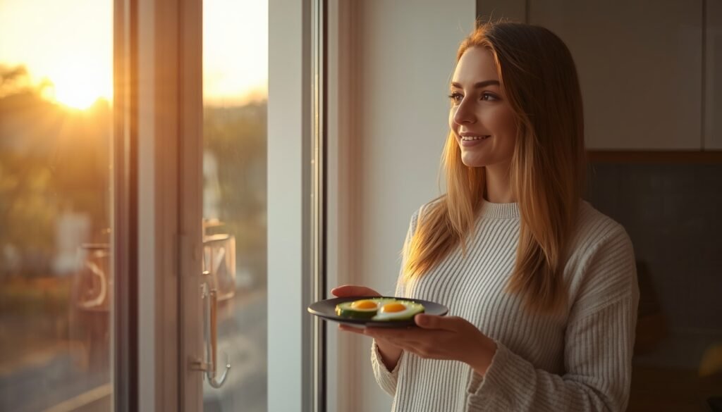 Hidden Truth: A woman standing by window with morning light, holding breakfast plate, morning-aligned eating, window, hormonal balance