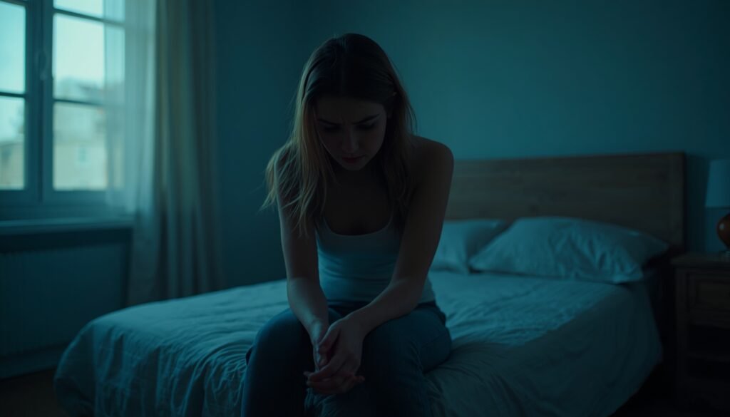 young woman sitting on edge of bed in dim room looking down sad conflicted expression trauma bonding