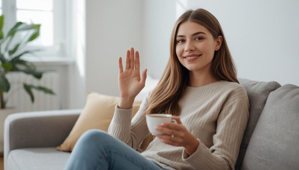 young woman sitting on sofa holding tea saying 'no' gently with hand gesture, setting healthy boundary