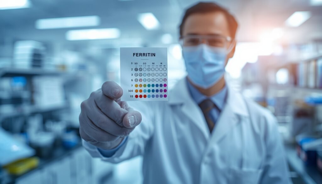 medical researcher pointing at ferritin blood test chart iron deficiency research