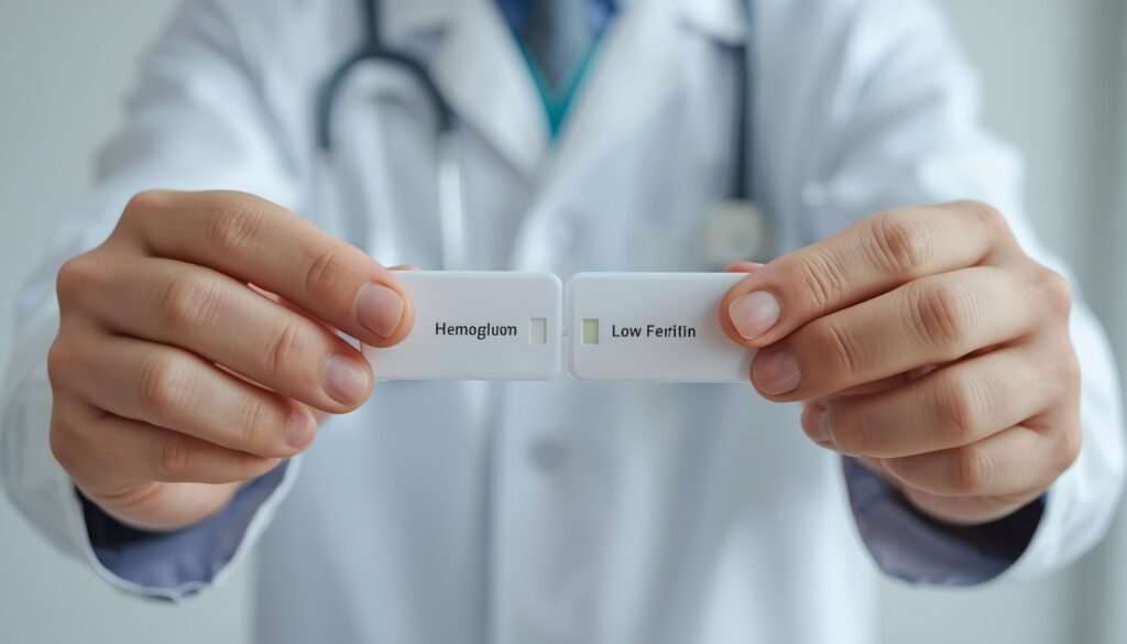 person holding blood tests: normal haemoglobin, low ferritin iron depletion vs anaemia iron deficiency symptoms