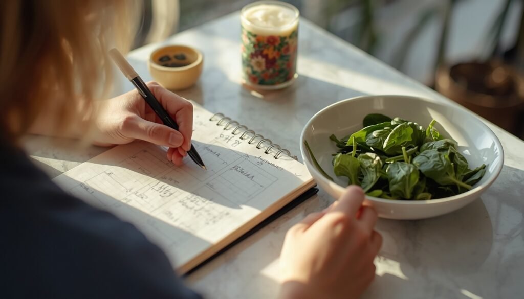 person writing 30-day iron recovery plan in journal with iro-richh foods