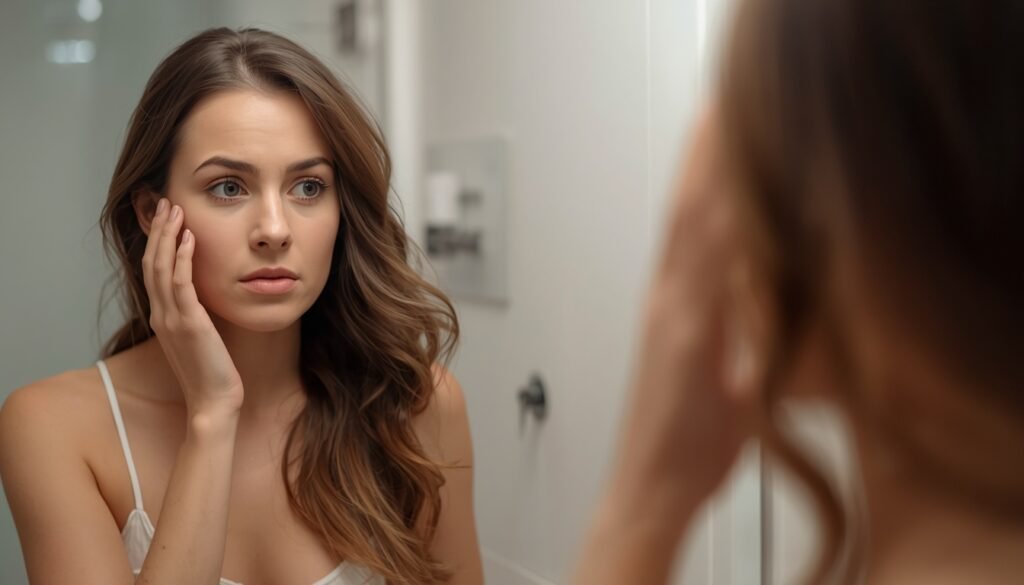 woman looking at hair in han, concerned aboutd iron deficiency hair loss