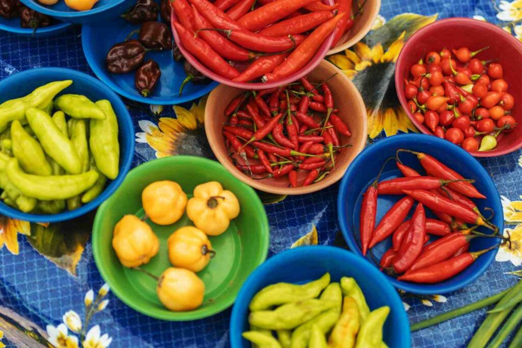  Colorful display of chili peppers arranged by Scoville heat level from mild bell peppers to extremely hot Carolina Reaper spicy food cravings, 2026
