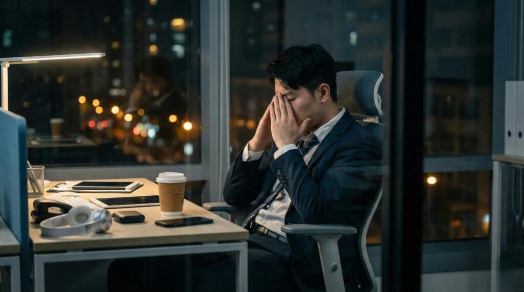 Man sitting alone at office desk working late at night with tired, empty expression, representing workaholism as avoidance.