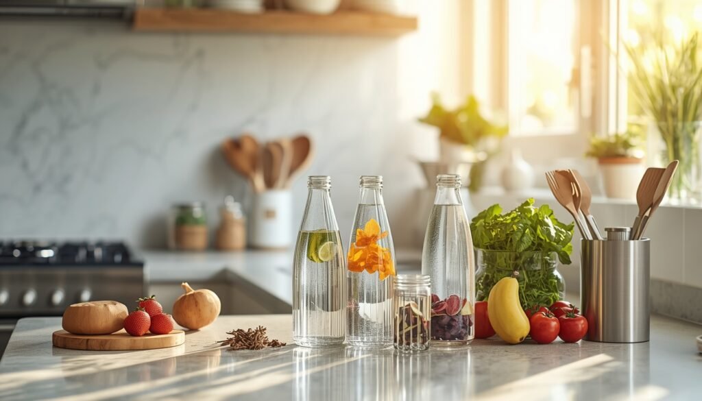 glass water bottles fresh whole foods and HEPA air purifiers representing microplastic exposure reduction strategies