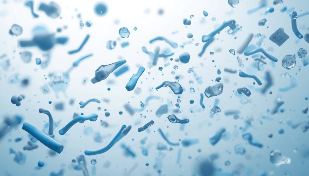 scientific illustration showing microscopic plastic particles of different sizes in water and air representing microplastics
