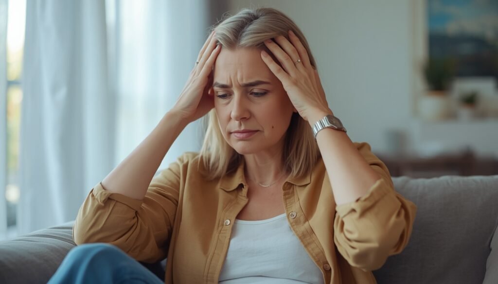 woman at home with tired expression holding head representing fatigue and brain fog symptoms of chronic inflammation