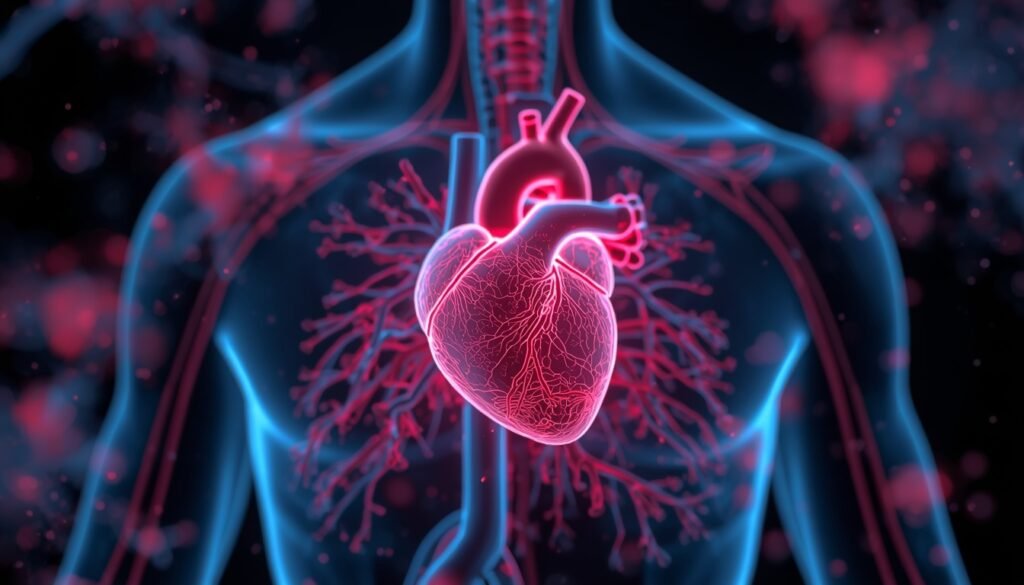 abstract scientific visualization of microplastic particles in human heart and arterial system, representing health research 2024