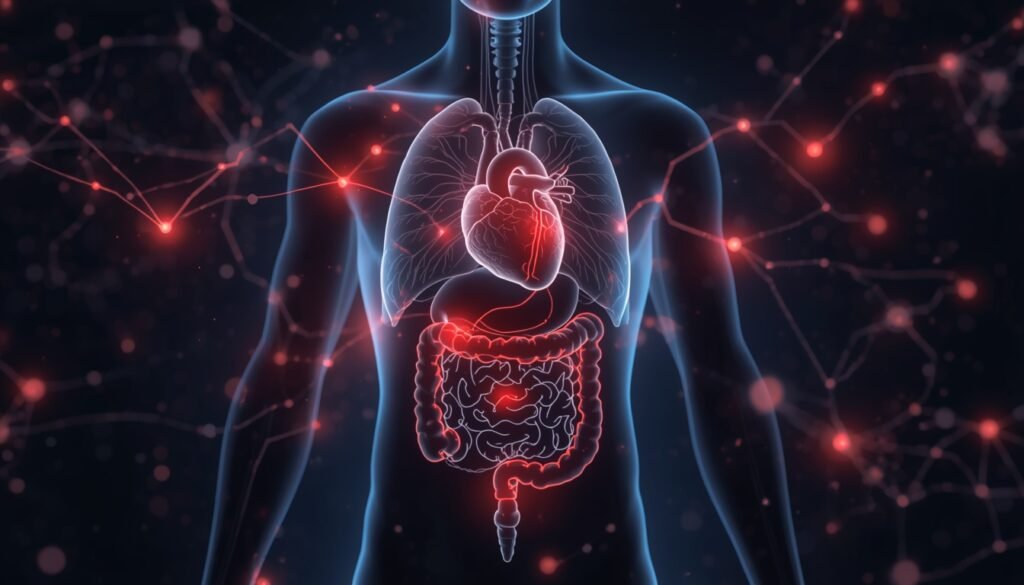 abstract medical illustration showing interconnected organs representing inflammation and disease connections