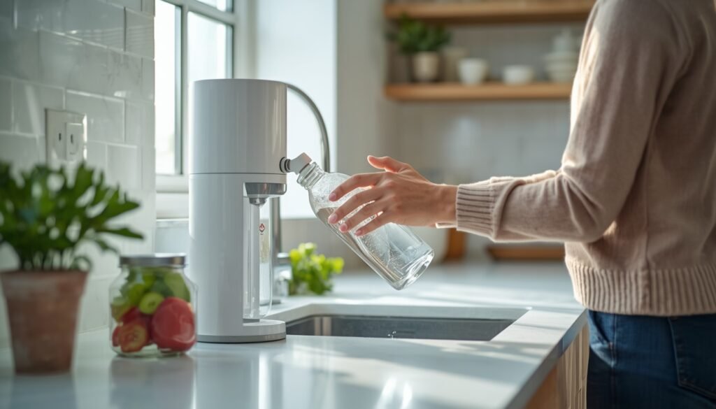 A person is filling glass water bottle from countertop filter, representing microplastic exposure reduction strategy microplastics health risks, 2025–2026
