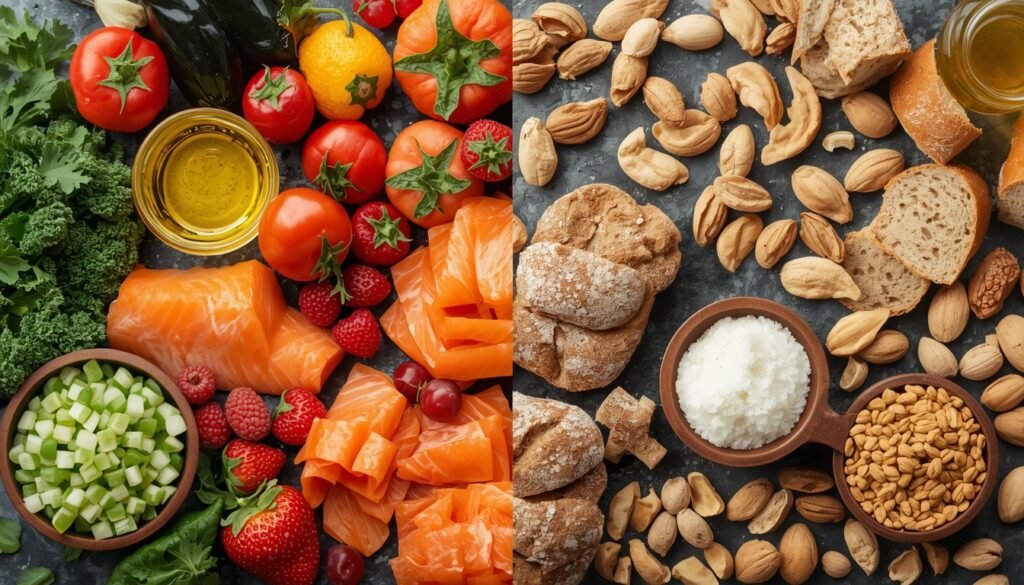 visual comparison of anti-inflammatory whole foods versus ultra-processed inflammatory foods: chronic inflammation causes prevention