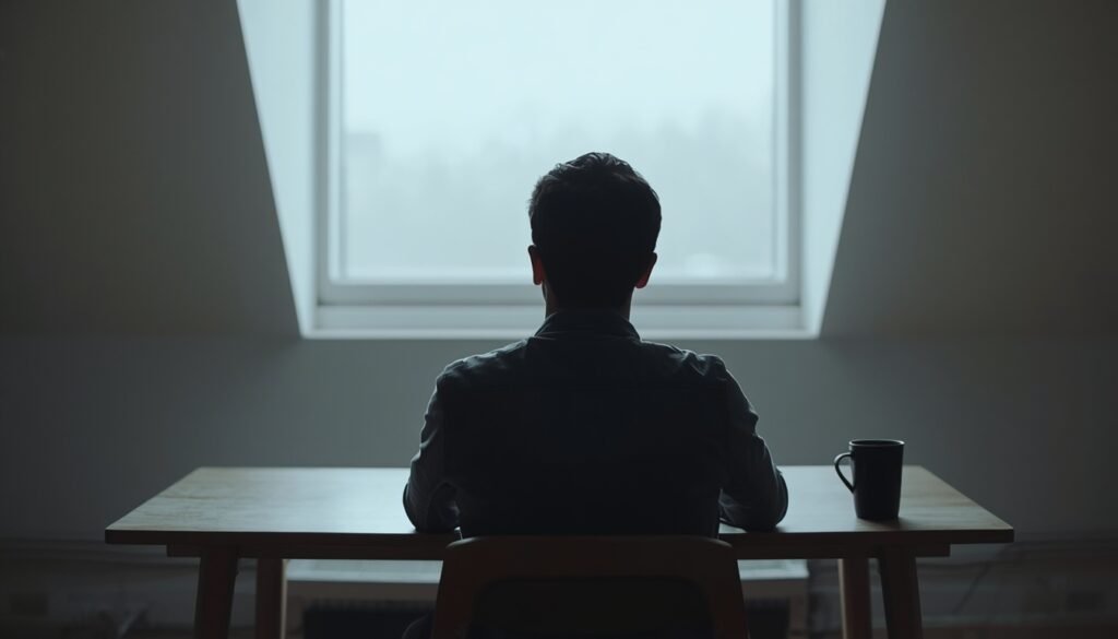 person alone in a room, phone on table far away understanding comparison orientation