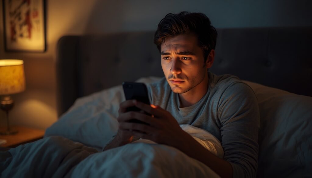person sitting on bed in the morning looking at phone, worried about social media comparisonspiral. Howw to stop comparing yourself on social media