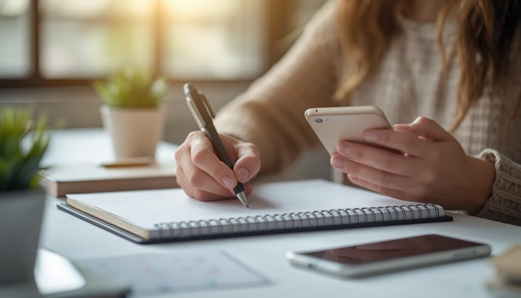 person writing 30-day digital wellbeing plan in journal morning light