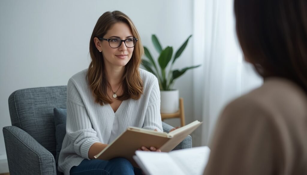 woman with therapist looking at digital wellbeing notebook, breaking comparison habit