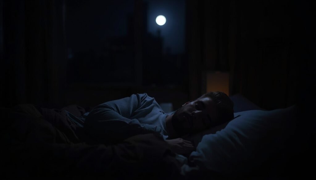 person sleeping peacefully in dark bedroom representing sleep and gut barrier health connection