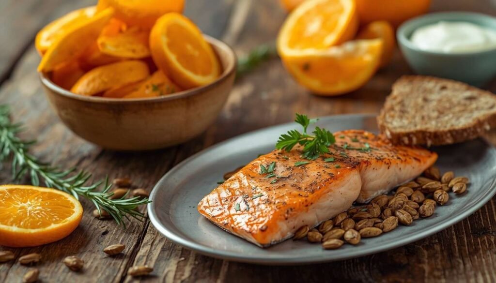 Selection of immune-supporting foods including citrus fruits, nuts, leafy greens and fish rich in vitamin D, zinc, and antioxidants
