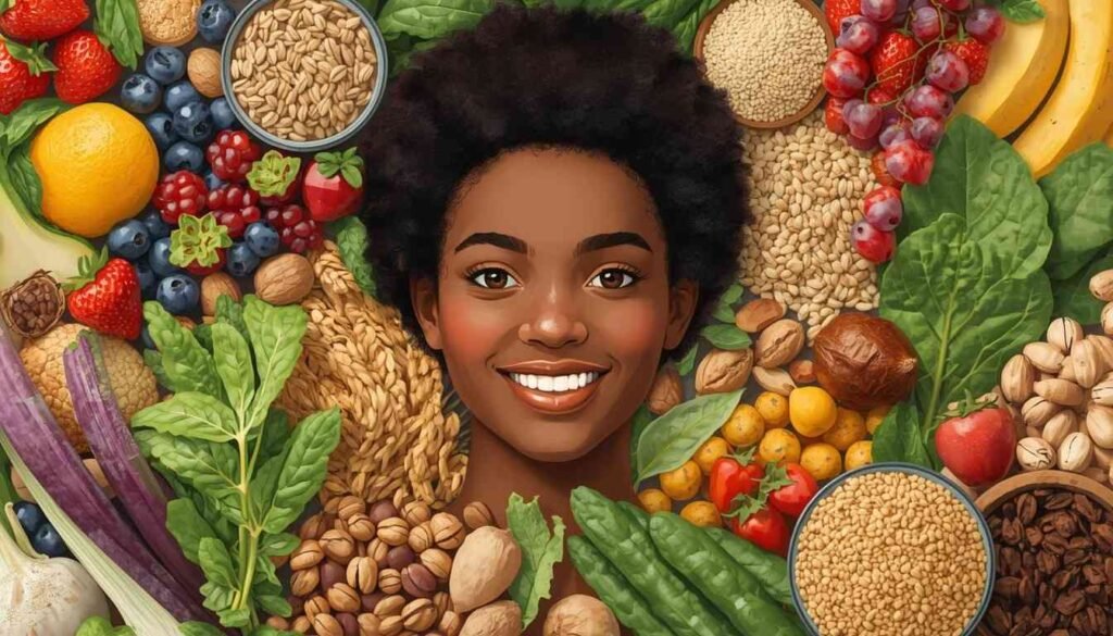 Variety of high-fibre whole foods, including legumes Whole grains, fruits, and vegetables representing dietary diversity for gut microbiome health