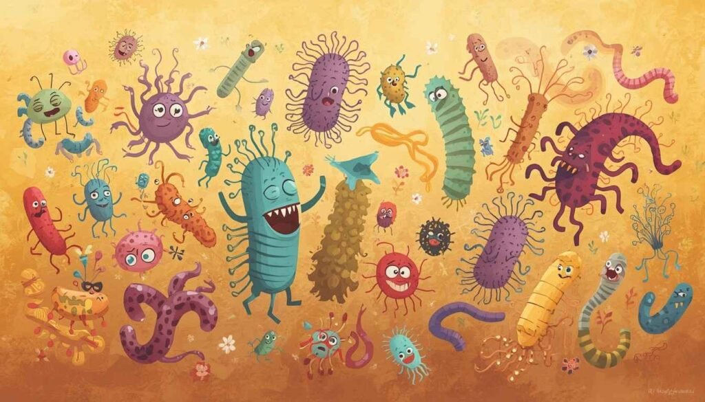 Scientific illustration of the gut microbiome showing diverse microbial species in the intestinal tract and their role in human health
