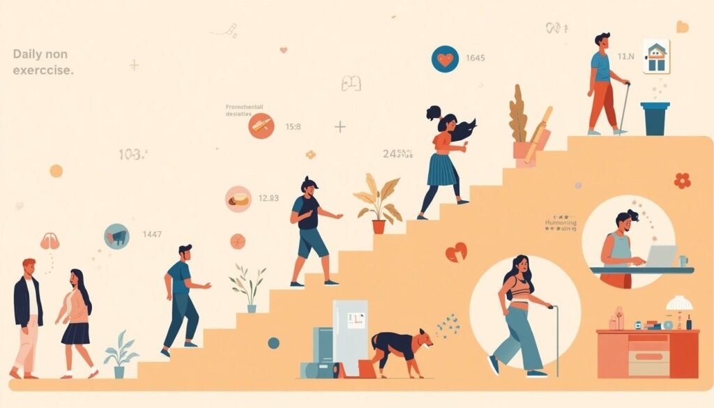 illustration showing daily non-exercise activities like walking, standing, taking stairs and household tasks for NEAT energy expenditure