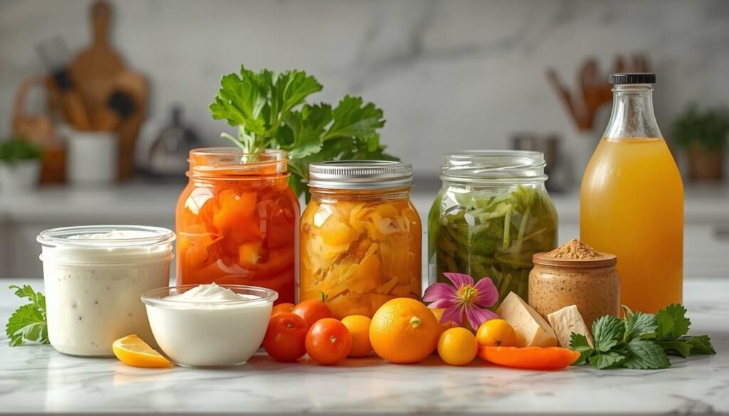colorful selection of fermented foods including yogurt, kefir, kimchi, and sauerkraut for gut health