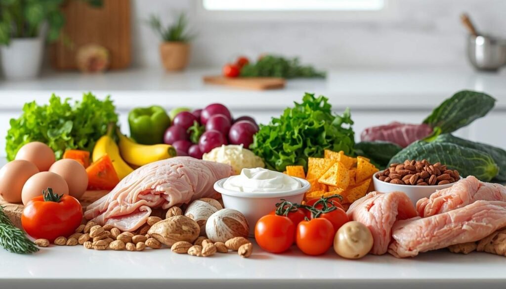 colorful high-protein foods, including eggs, chicken, fish, legumes, and Greek yogurt, for metabolism and muscle preservation