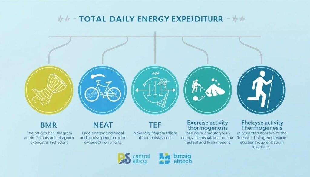 medical diagram showing components of total daily energy expenditure, including BMR, NEAT, TEF, and exercise activity: How to boost metabolism naturally 2026
