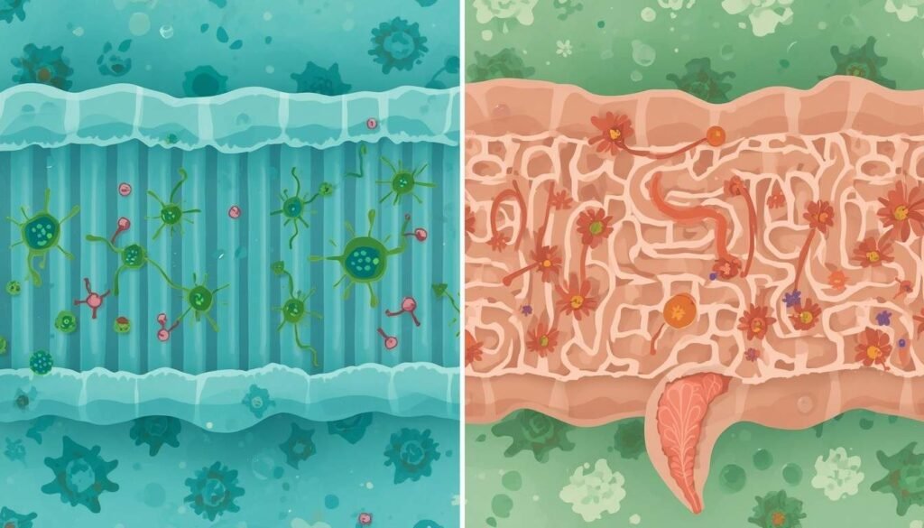 medical illustration showing healthy intestinal barrier versus increased permeability representing leaky gut syndrome. Leaky gut syndrome natural treatment 2026