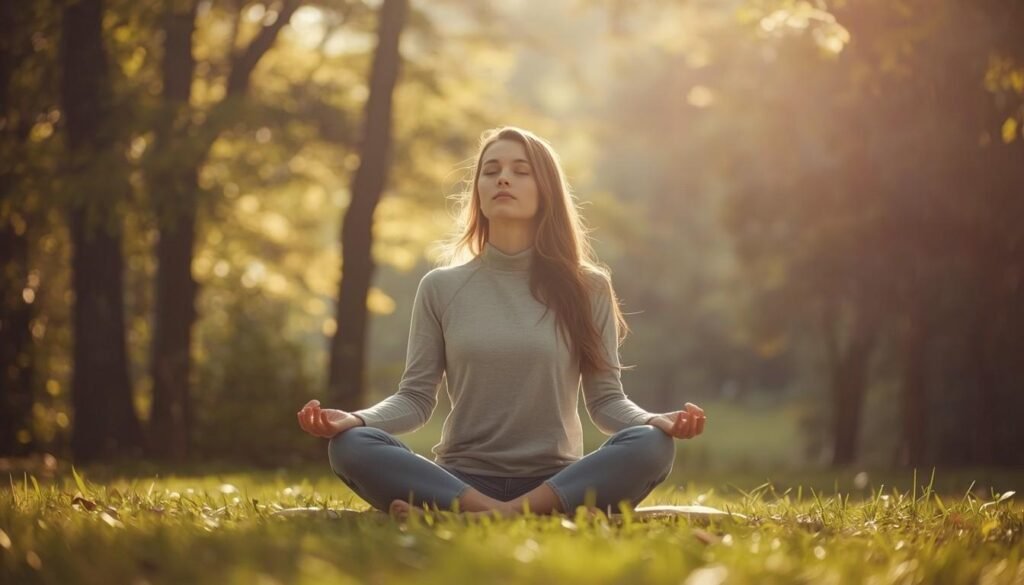 person practicing deep breathing in peaceful natural setting representing stress management for gut health